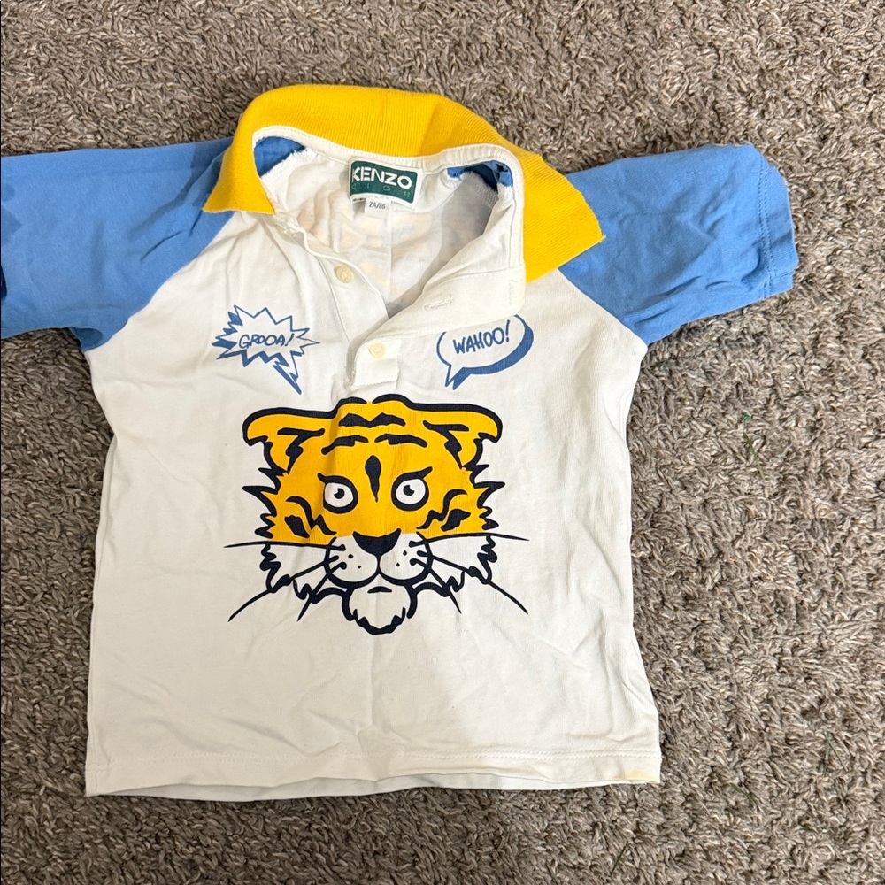 Kenzo Kids Polo with Tiger Graphic - White, Blue, Yellow